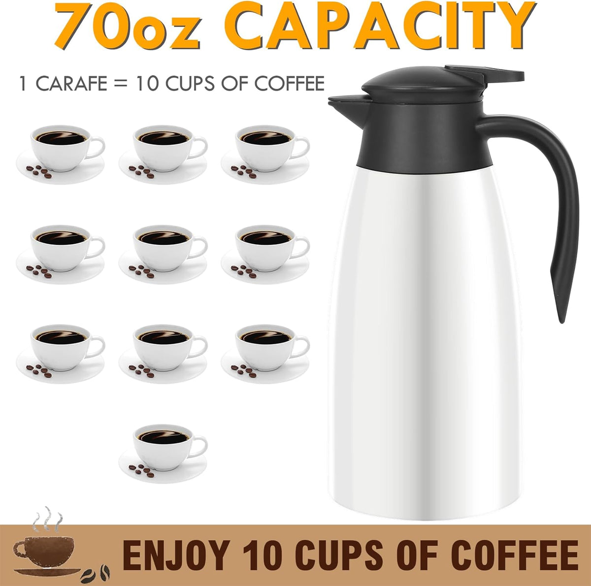 70oz Thermal Coffee Carafe Insulated Coffee Thermos Airpot, Stainless Steel Coffee Carafes Urn For Keeping Hot, Double Walled Insulated Vacuum Flask, Hot Beverage Drink Tea Coffee Dispenser, White