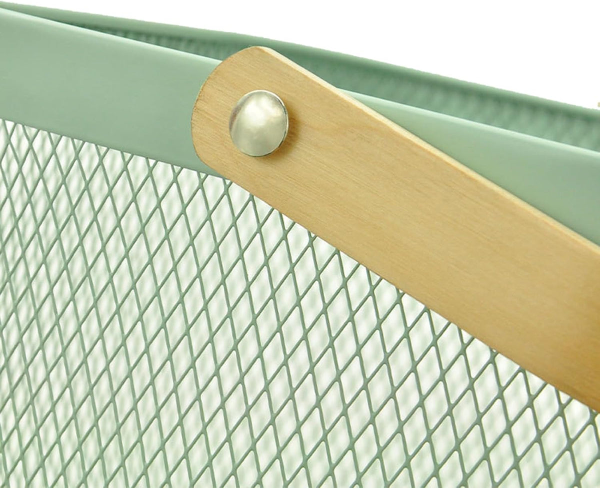 Metal Mesh Steel Basket, Storage Organizer Basket Multi-functional Hanging Kitchen Basket Fruit Basket Bin with Bamboo Handle, 9.84 x 10.2 x 7 inch, Mint Green