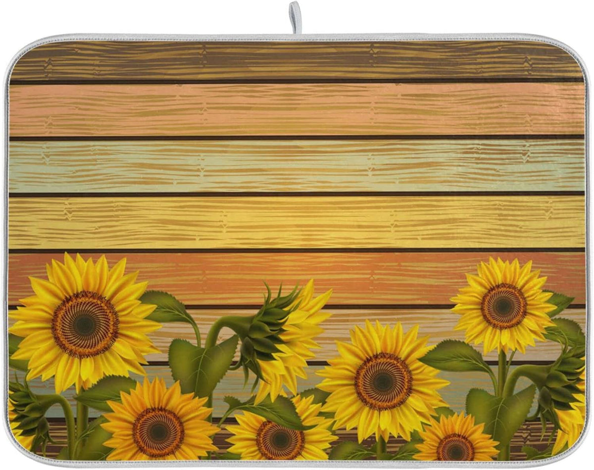 Super Absorbent Dish Drying Mat, Microfiber Fast-Drying Dish Mat, 16" x 18", Kitchen Dish Drying Pad, Sunflower On Wooden Board Vintage