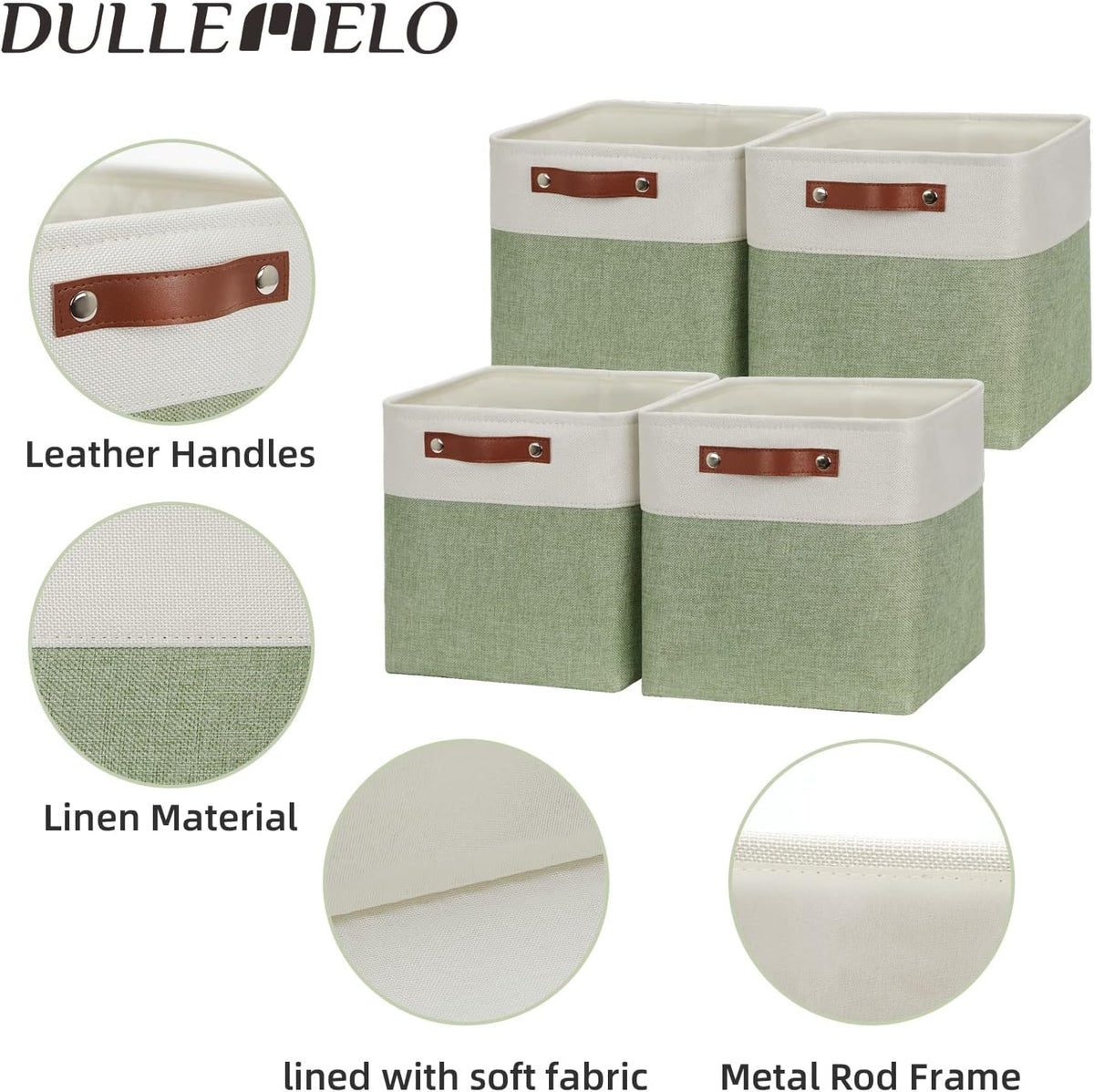 DULLEMELO Storage Baskets for Organizing, Fabric Storage Cubes for Dog Toy Box, 11 Inch Decorative Cube Storage Bins with handle for Baby Gift Basket(4 Pack - 11" White&Green)