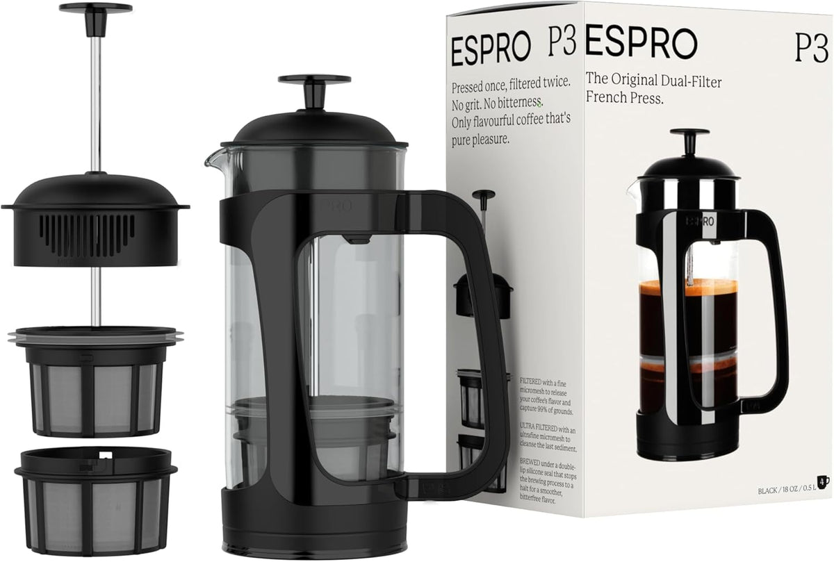ESPRO - P3 French Press Coffee Maker – Patented Double Microfilter for Sludge and Grit Free Coffee, Black, 18 oz