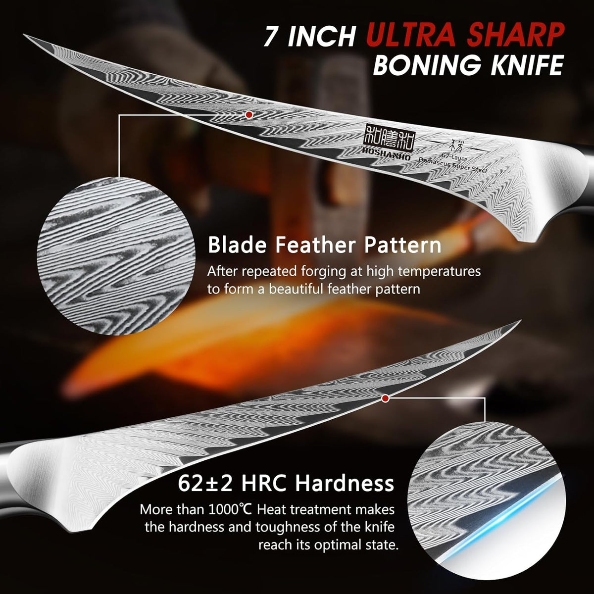Fillet Knife 7 Inch, Damascus Steel Boning Knife, Professional Fish Fillet Knife for Meat Chicken Cutting, Meat Knife with G10 Ergonomic Handle