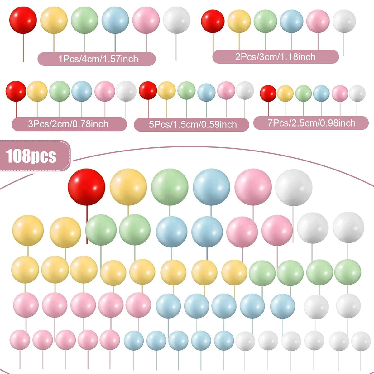 108 Pcs Balls Cake Topper DIY Cupcake Insert Foam Balloons for Cake Baking Wedding Anniversary Birthday Decoration(Pastel Colors,Multi Sizes)