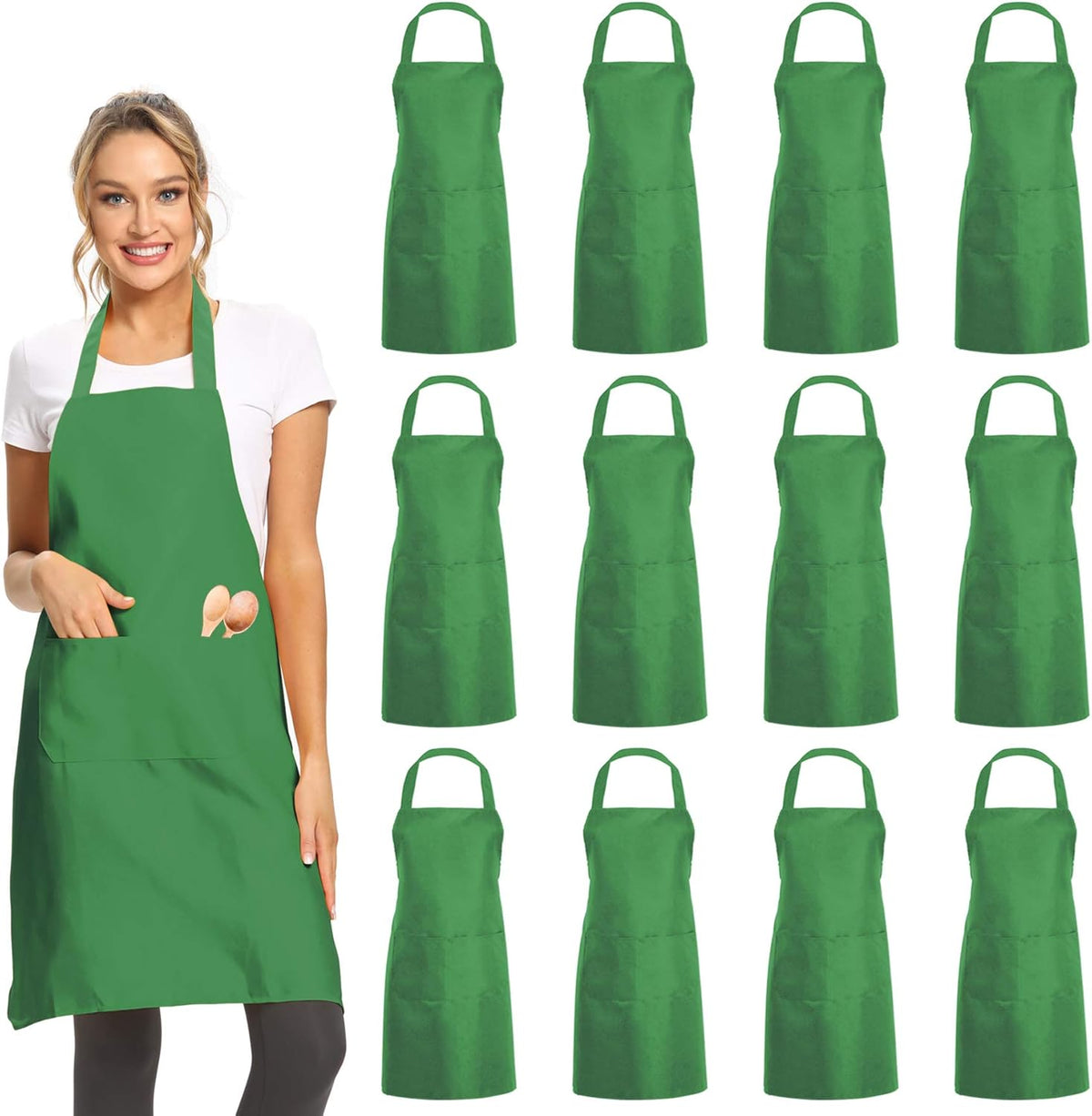 DUSKCOVE 12 Pack Plain Bib Aprons with 2 Pockets - Green Unisex Commercial Apron Bulk for Kitchen Cooking Restaurant BBQ Painting Crafting