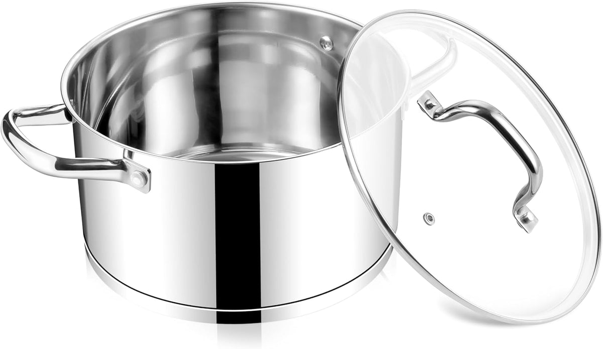 E-far 6 Quart Stock Pot with Lid, Stainless Steel Stockpot for Cooking Simmering Soup Pasta Sauce, with Tri-Ply Bottom & Visible Cover, Induction/Gas/Dishwasher Safe, Heavy Duty & Non Toxic