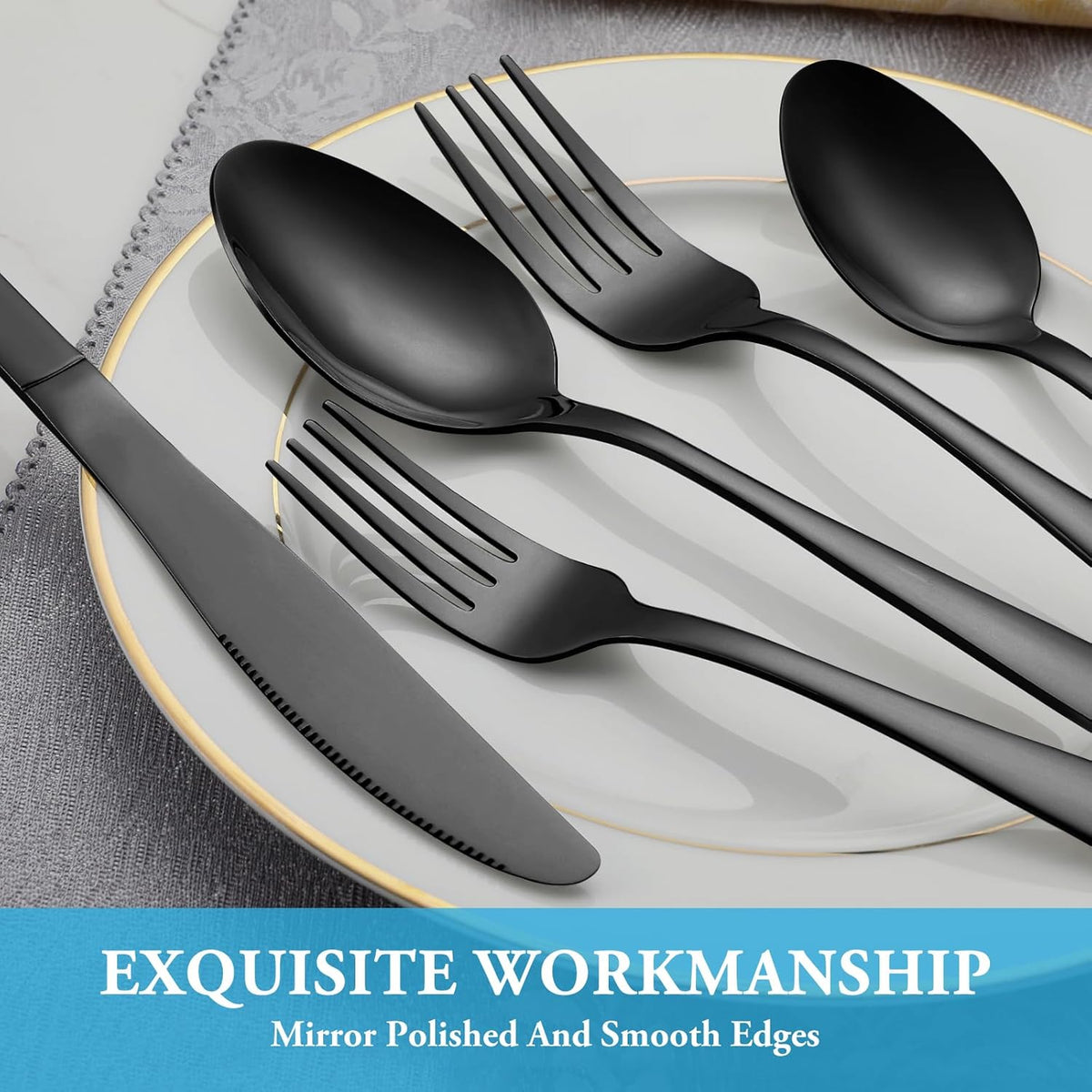 30 Pcs Black Silverware Set, Stainless Steel Flatware Set Service for 6, Mirror Polished Cutlery Utensil Set, Durable Home Kitchen Eating Tableware Set, Include Fork Knife Spoon Set, Dishwasher Safe