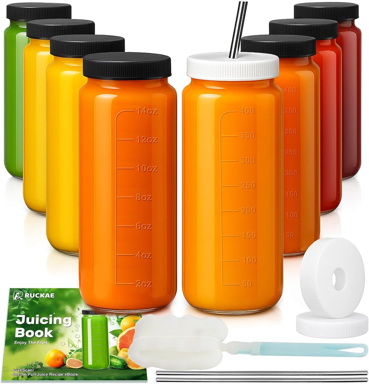 Ruckae 16oz 8 Pack Juice Bottles, Glass Bottles Juicing with Lids, Smoothie Cup Lids and Straws, Water Bottle Mason Jar Drinking Glasses for Juicing, Smoothies, Kombucha