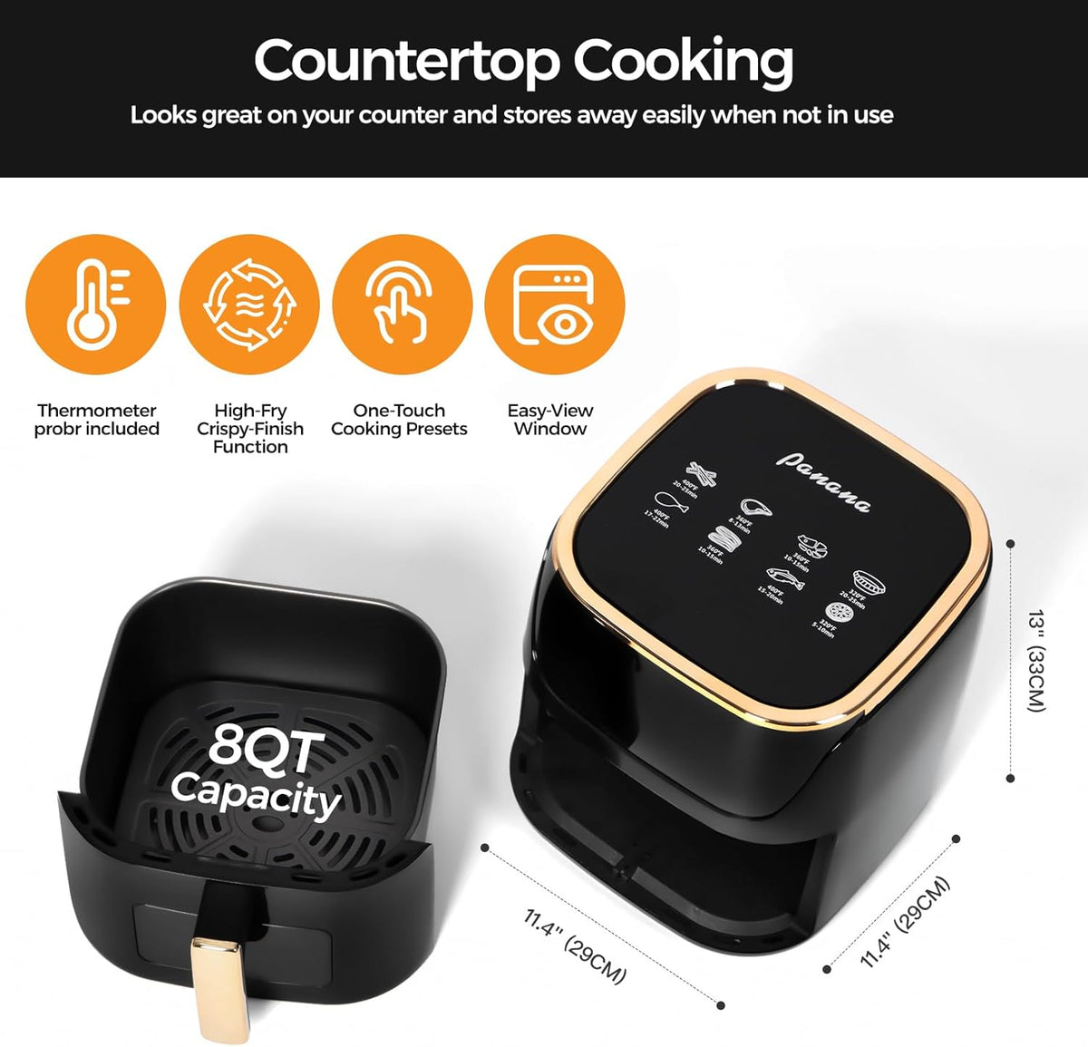 Panana 8QT Large Air Fryer Compact, 8 Preset Menus Airfryer, One-Touch Digital Control Presets, Touchscreen Display, Dishwasher Safe, Nonstick, Fit for Family (Black)