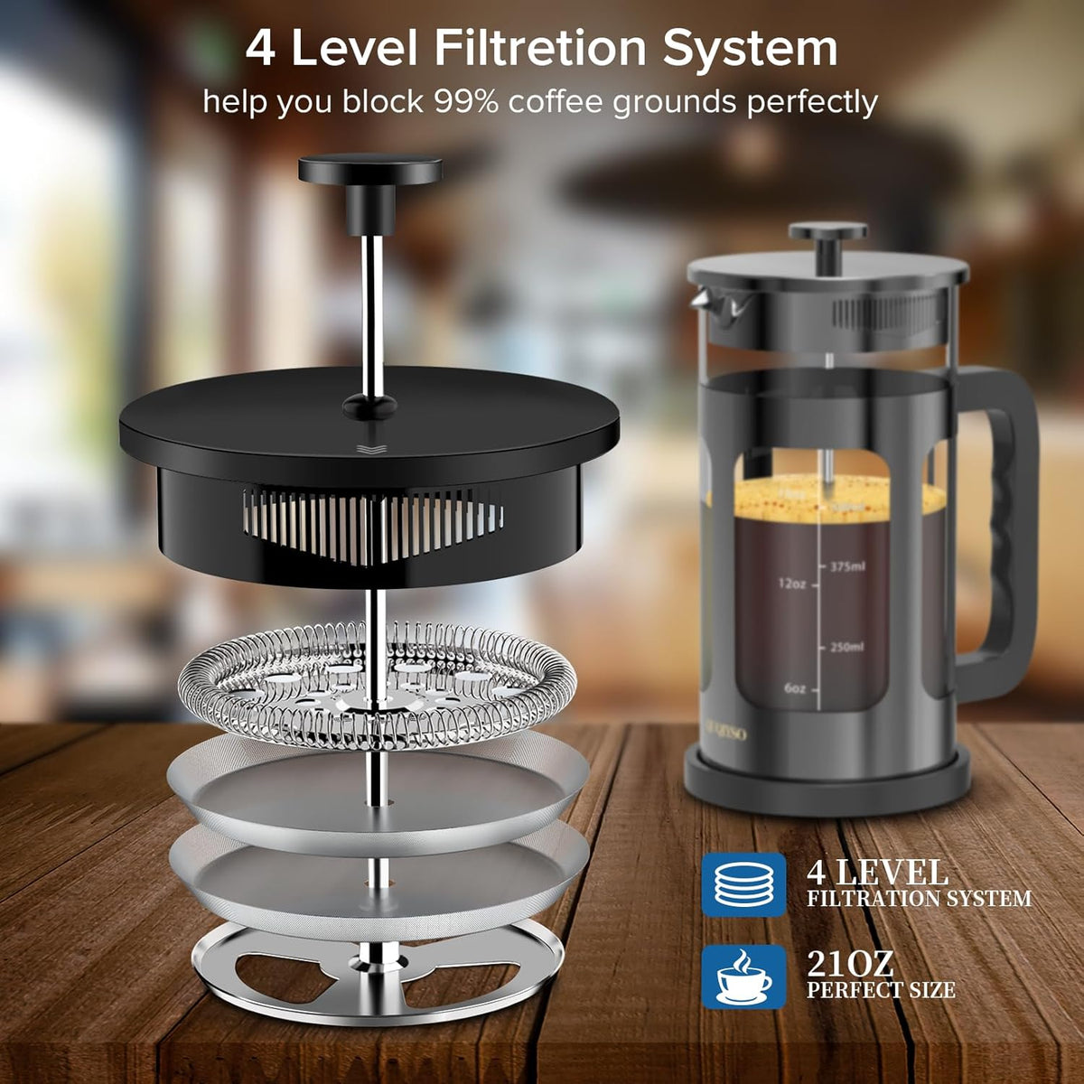 French Press Coffee Maker, French Press 304 Stainless Steel with 4 Filter, Heat Resistant Durable, Easy to Clean, Borosilicate Glass Coffee Press, 100% BPA Free Glass Teapot, 21 ounce, Dark Pewter