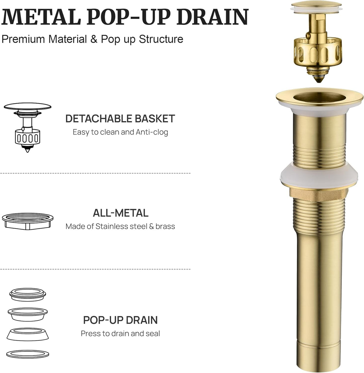 Pop up Sink Drain Stopper for Bathroom Vessel Vanity Sink Art Basin Brushed Gold, Small Cap Without Overflow, Metal Pop-up Drain Strainer with Detachable Basket Stopper