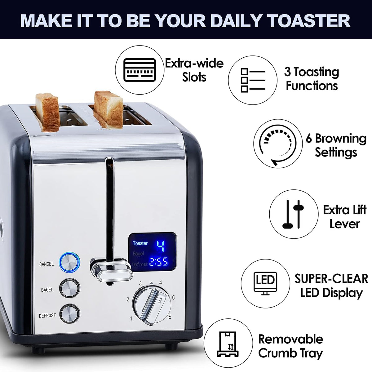 CUSIMAX Stainless Steel 2 Slice Toaster with LED Display, Extra-wide Slots, 6 Browning Settings, Cancel/Bagel/Defrost, Removable Crumb Tray, Black