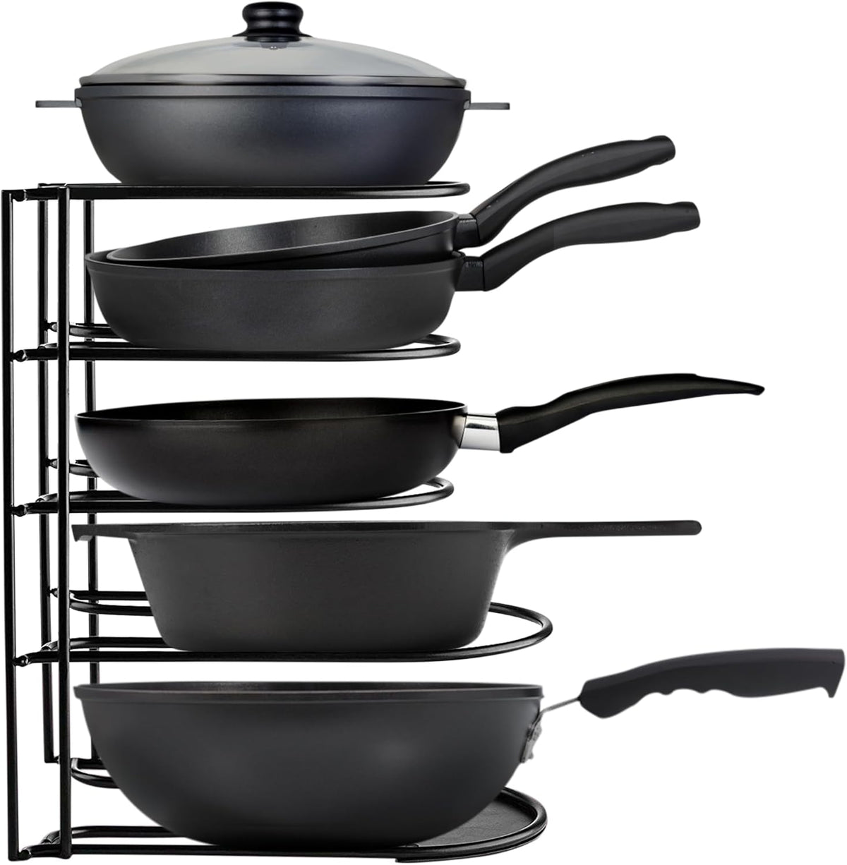 Heavy-Duty Pots and Pans Organizer | 5-Tier Cookware & Lid Storage Rack | Free-Standing or Wall-Mount | Kitchen Organizer for Cast Iron Skillets, Pots, Frying Pans, Lids | Black