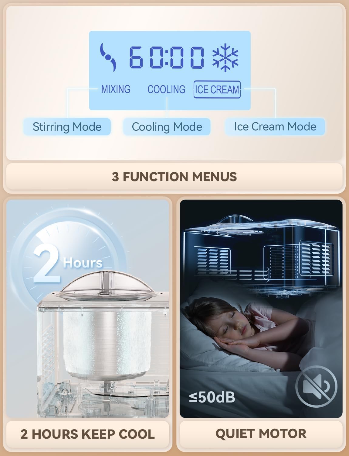 Ice Cream Maker, Fastest Freezing 2.1QT Ice Cream Machine with Built-in Compressor Easy Operate & Clean Automatic Ice Cream Maker Machine All Stainless Steel, LCD Display