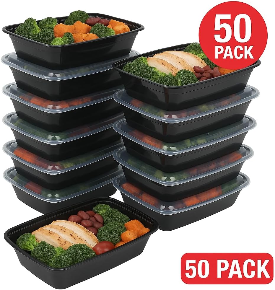 Ruthy's Outlet Meal Prep Containers W/Lids -Square Food Storage – BPA-Free| Stackable | Microwave | Freezer & Dishwasher Safe | Reusable Lunch Bento Box Portion Control & Planning (50 Pack, 32 oz)
