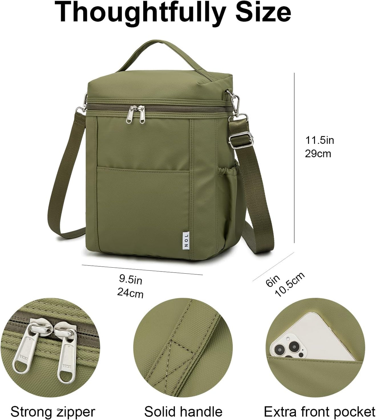 NOL Natural Organic Lifestyle Insulated Lunch Bags for Women Cooler Bag Lightweight Nylon Waterproof Lunch Box For Work (Amy green, Large)