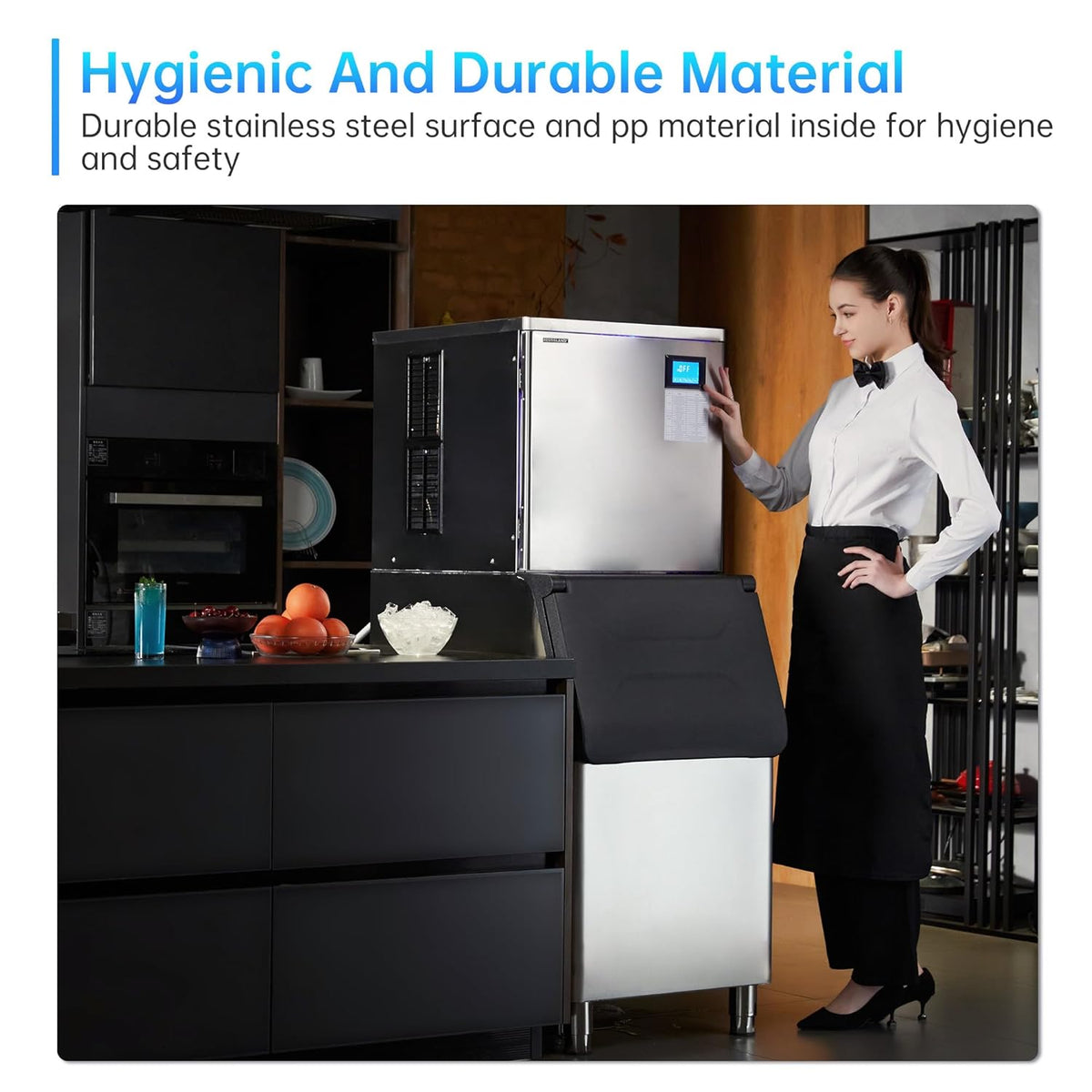 Commercial Ice Maker Machine, 400 lbs /24 h, 330 lbs Storage Bin, Stainless Steel, Automatic Cleaning, Blue Ray, Perfect for Bar or Business, Includes Ice Shovel, Connection Hose