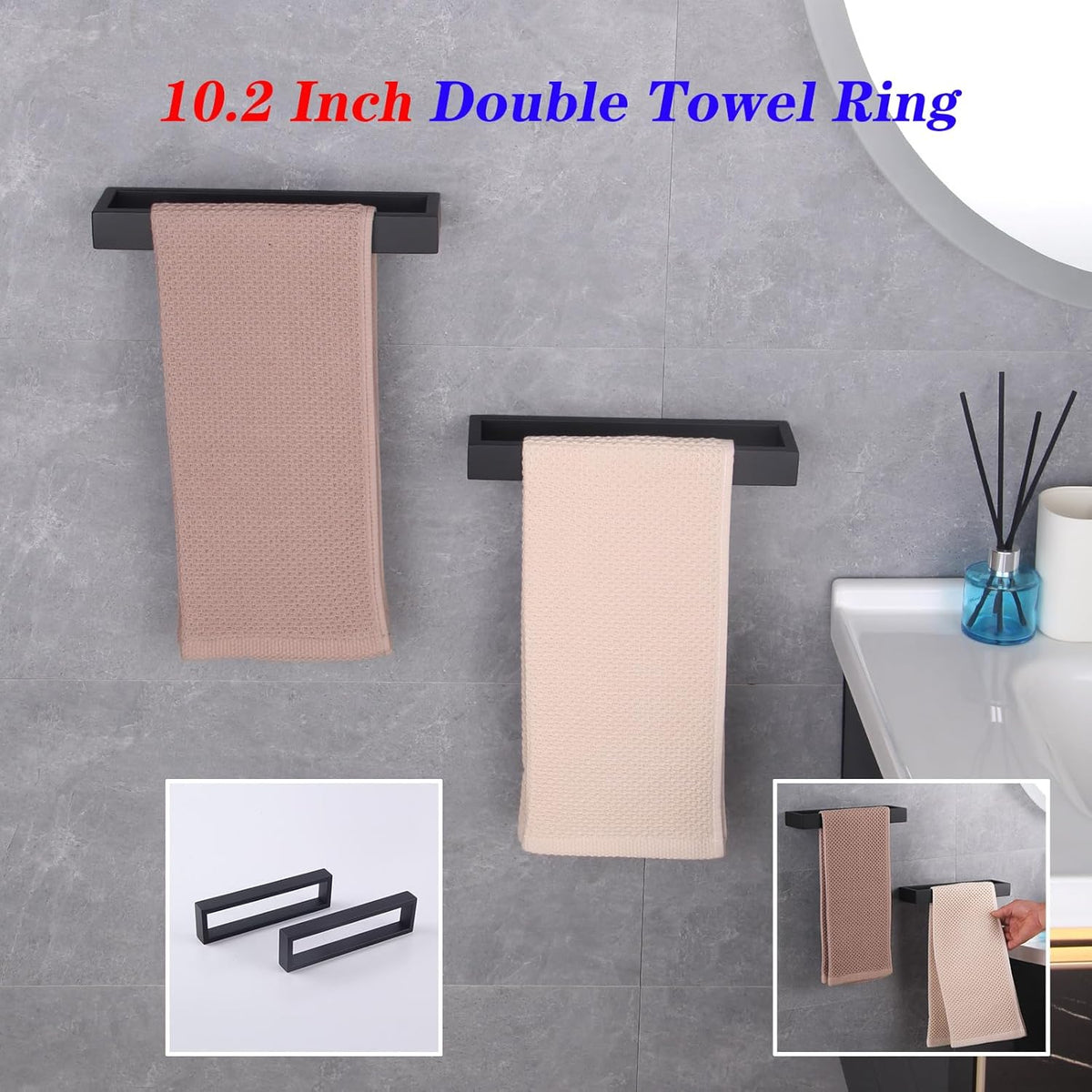 GERZWY Modern Black Towel Holder Stainless Steel Towel Ring for Bathroom Lavatory Wall Mount Contemporary Style 2 Pack HG1716-2BK