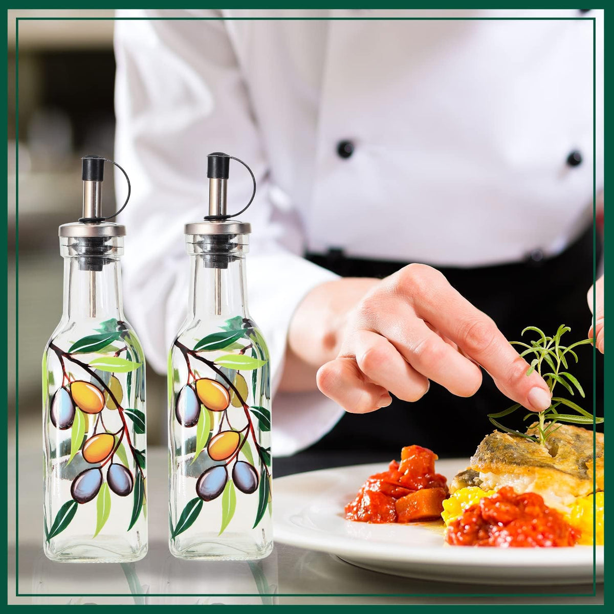 7oz Hand Painted Glass Olive Oil Bottle Dispenser - 200ml Green Oil & Vinegar Cruet with Pourers - Olive Oil Carafe Decanter for Kitchen