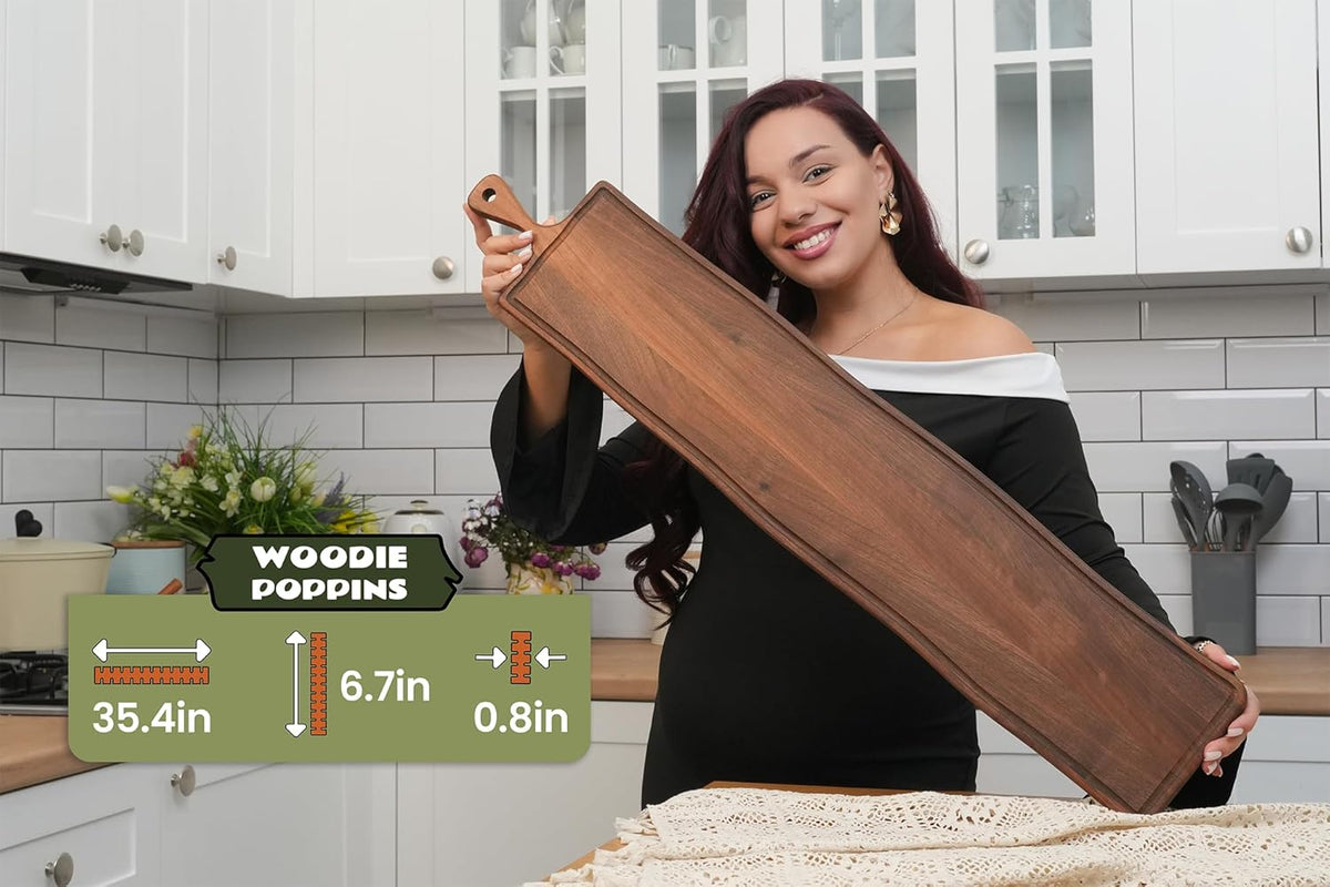 Elegant Walnut Wood Long Serving Board with Handle - Charcuterie Wooden Board - Stylish Versatility for Culinary Delights - Reversible with Juice Groove - 35.4x6.7x0.8 in - Woodie Poppins (Large)
