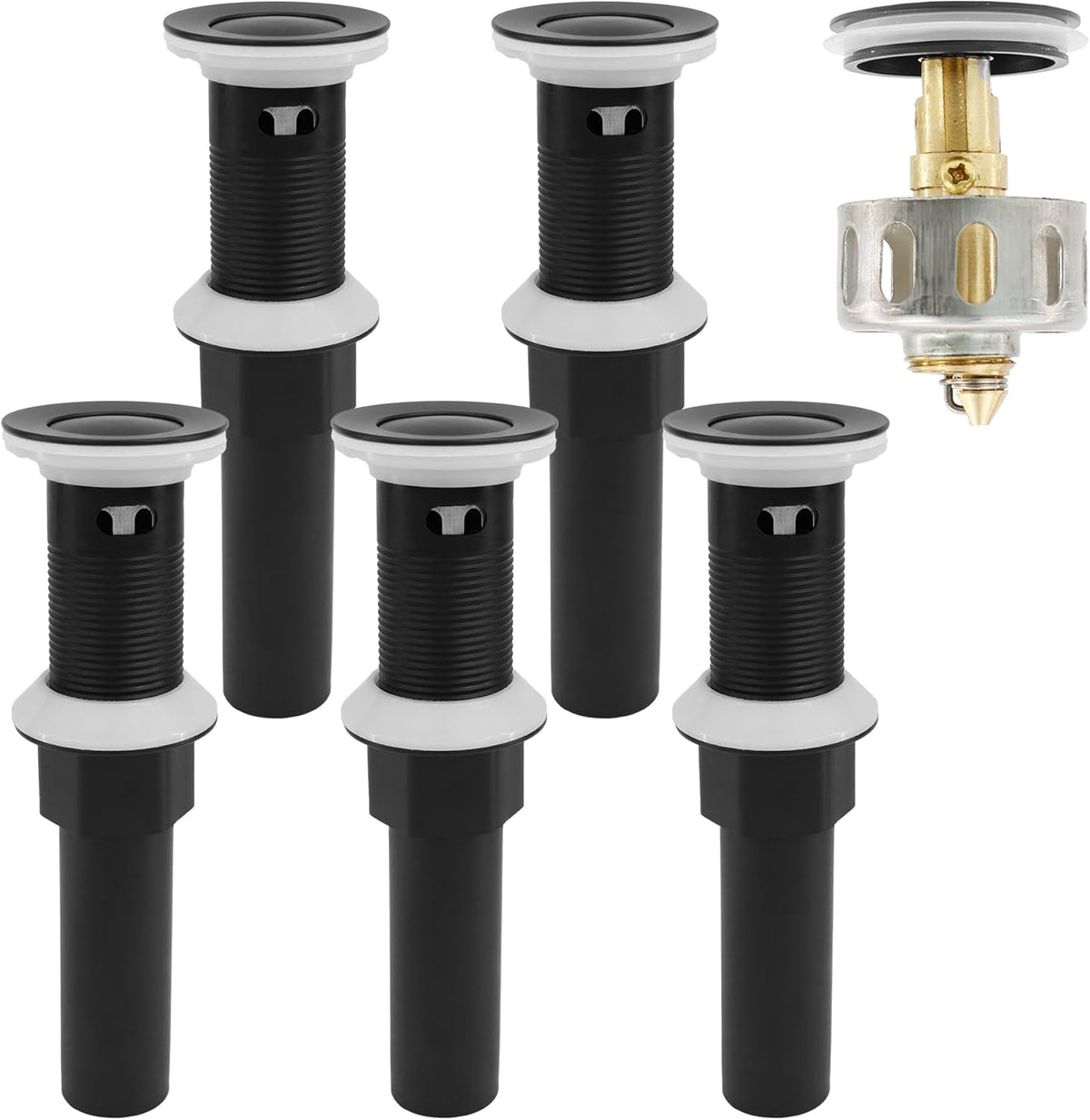 Bathroom Sink Drain,5 Pack Drain Stopper with Overflow,Small Cap Pop Up Drain Assembly with Detachable Strainer Basket,Built-in Anti-Clogging, Stainless Steel Nut Matte Black