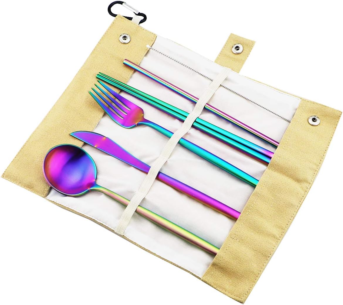 Gugrida Reusable Travel Utensils, 7 Piece Portable 304 Stainless Steel including Knife Fork Spoon Chopsticks Cleaning Brush Straws Portable Pouch, Eco-friendly Camping Silverware Set, Dishwasher Safe
