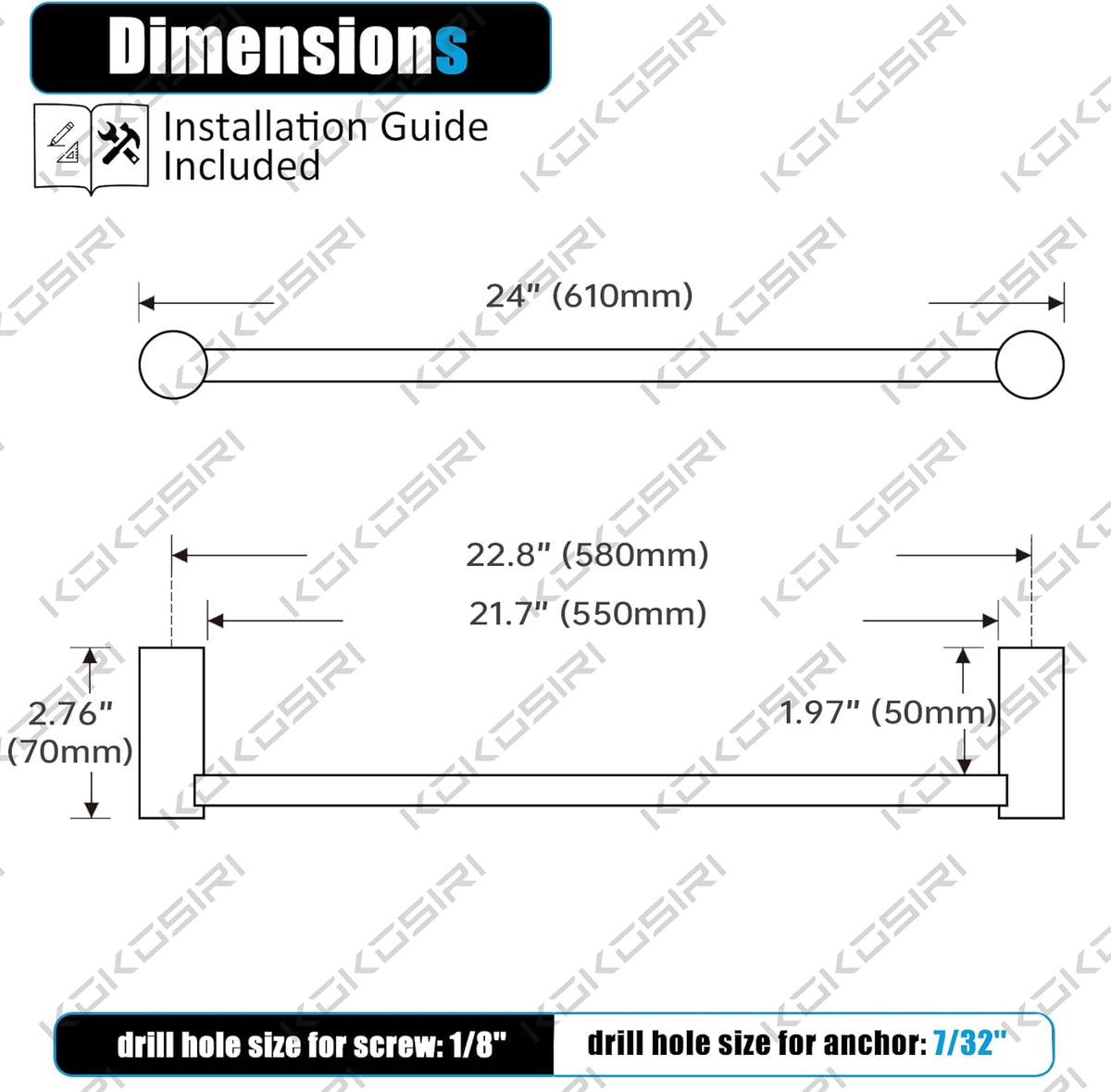 KOKOSIRI Towel Bar Brushed Nickel 24-Inch Bathroom Towel Holder Single Rack Bathroom Hardware Accessories Wall Mounted Stainless Steel, B4007BR-L24