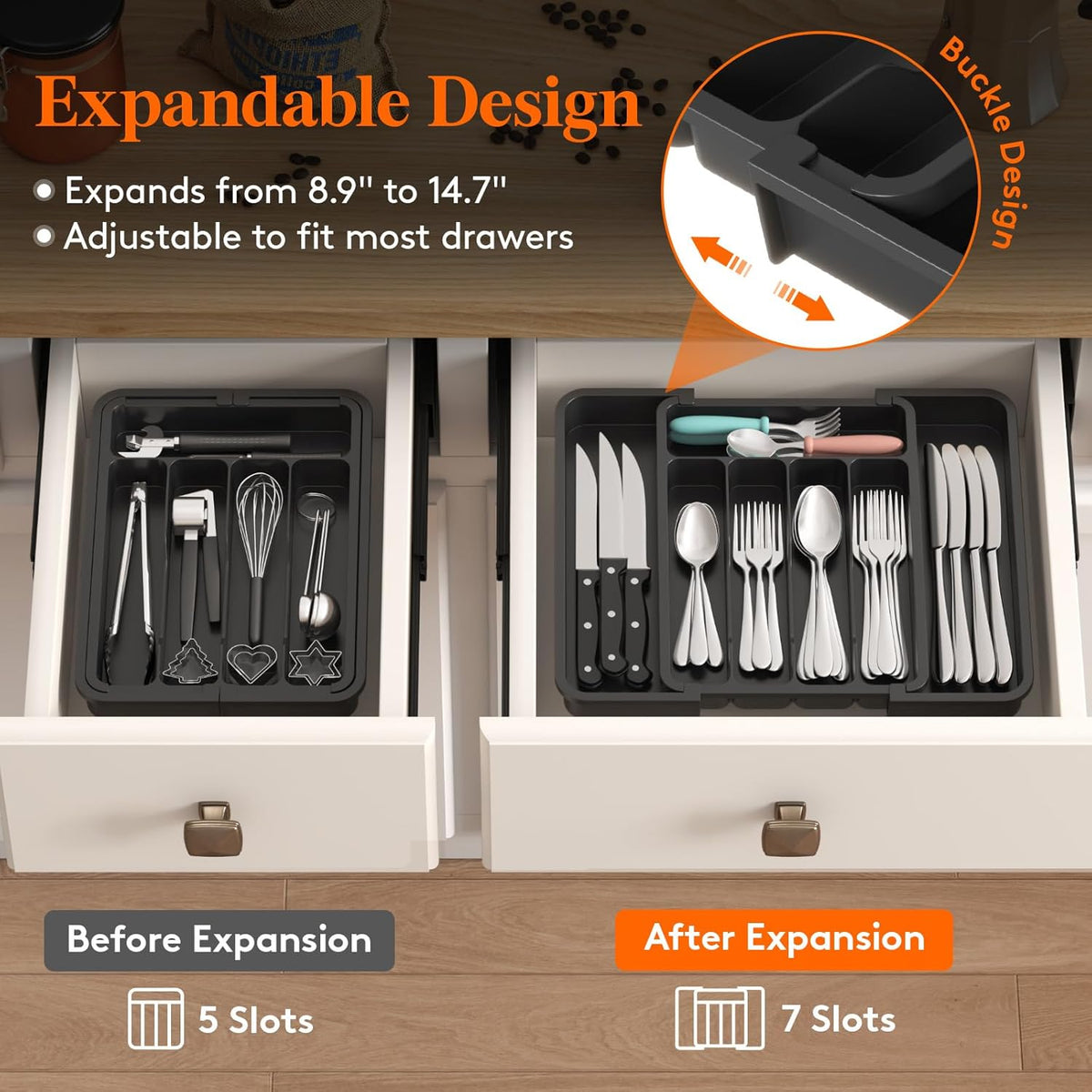 Lifewit Silverware Drawer Organizer, Expandable BPA Free Utensil Tray for Kitchen, Adjustable Flatware and Cutlery Holder for Spoons Forks Knives, Plastic Kitchen Organizers and Storage, Black