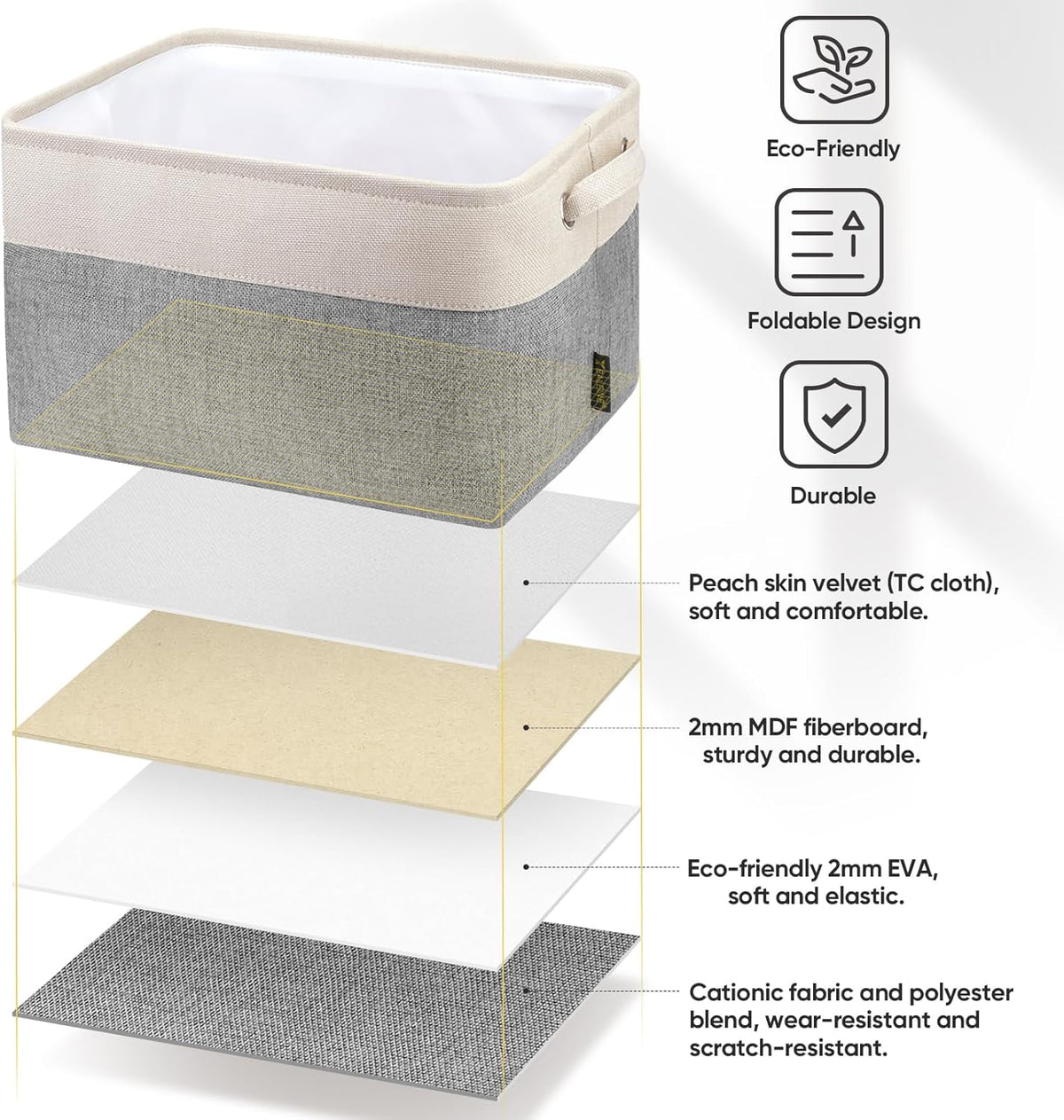 BALEINE 1 Pack Fabric Storage Bins for Shelves, Linen Storage Baskets for Organizing, Decorative Closet Bins for Clothes, Home (Grey, 15''x11''x9.5'')