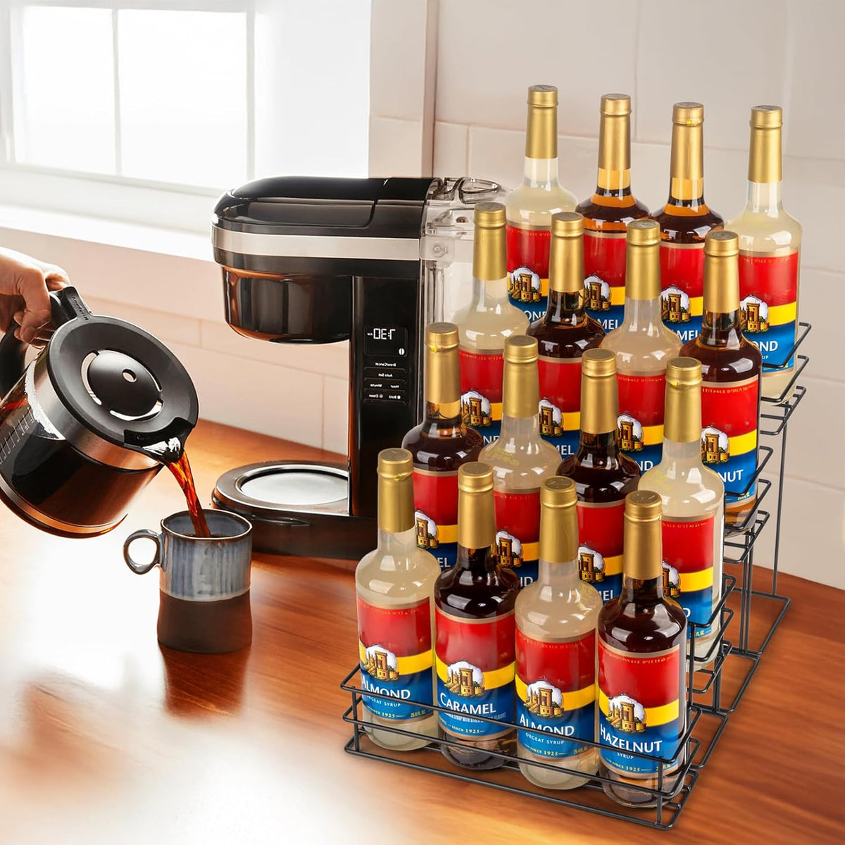 16 Bottle Capacity Coffee Syrup Organizer 4 Tier Coffee Syrup Stand Shelf for Coffee Bar Accessories for Coffee Bar Kitchen Small Wine Rack for Bar Family Storage for Syrup Wine Dressing