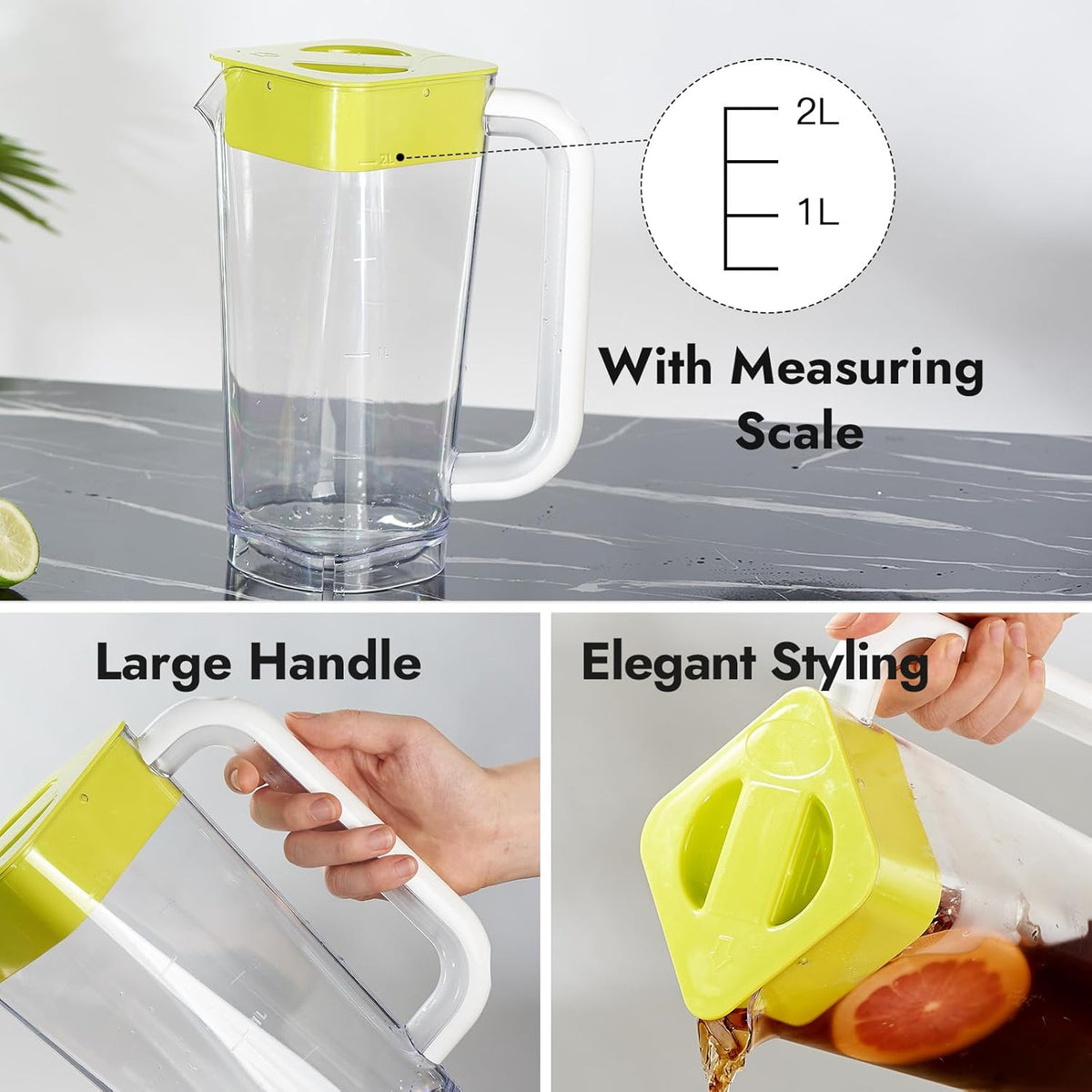 CURTA 1 Pack 2 Liters/68 oz Plastic Square Pitcher with Lid & Handle for Kitchen,ICED JUICE and Coffee Carafe Beverage Serveware, Acrylic Water Jug for Hot/Cold Drinks&lemonade
