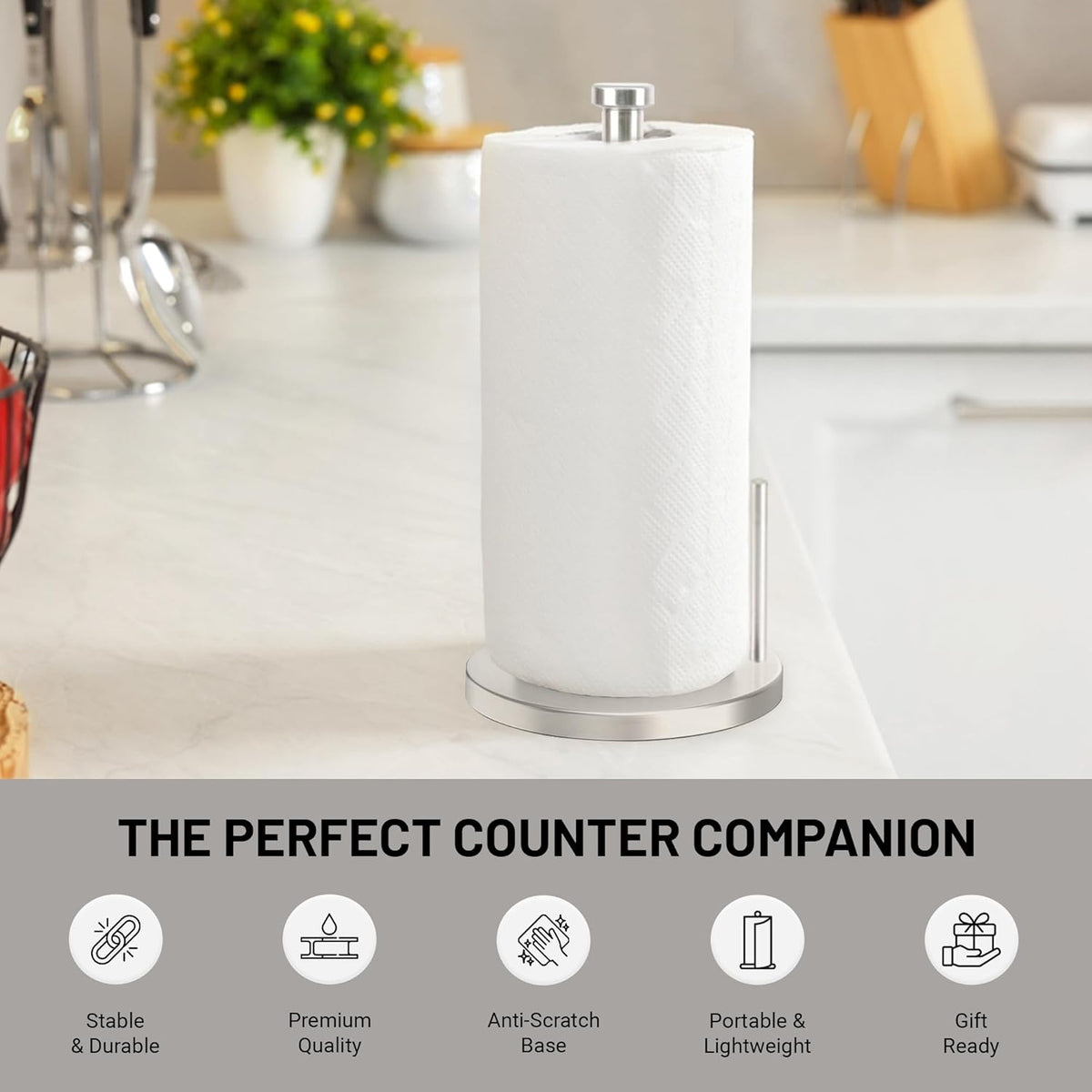 Paper Towel Holder with Side Rod, Stainless Steel, Easy Tear Dispenser for Home Kitchen Countertop Tabletop (Silver)