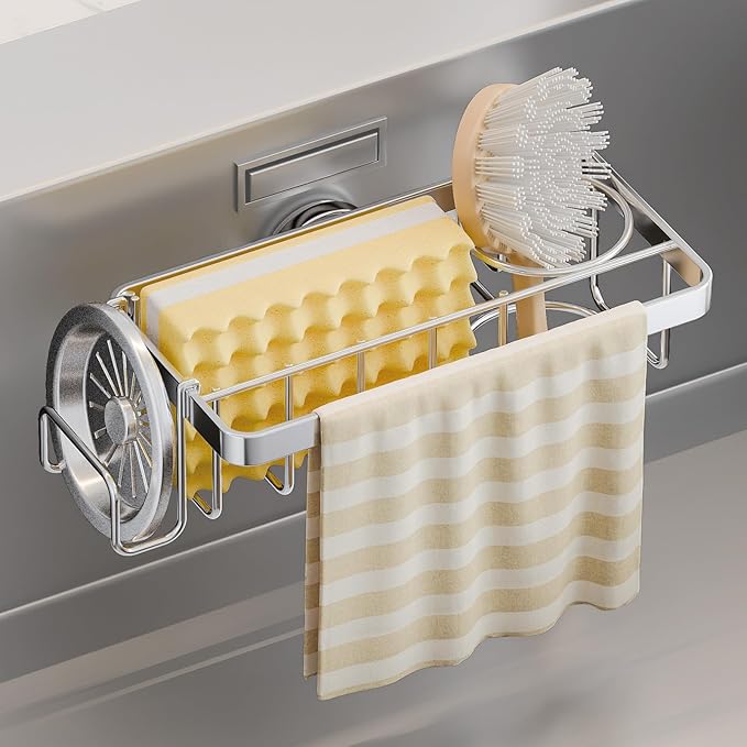 TAILI Sponge Holder with Strong Suction Cup, 4-in-1 Rustproof Sink Organizer - Sink Caddy Holds Sponges, Brushes, Stoppers & Scrapers -Silver
