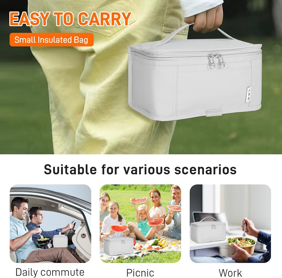 NOL Natural Organic Lifestyle Small Lunch Bag Mini Lunch Box Insulated Lunch Bag for Men/Women Leakproof Cooler Tote Bag Lightweight Nylon Waterproof Lunch Box For Work, Gray white