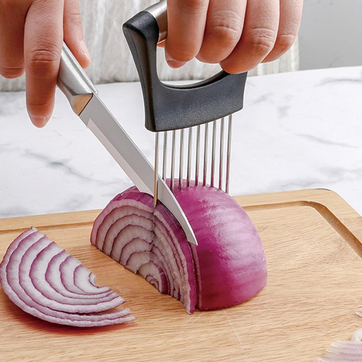 Stainless Steel Onion Slicer Holder, Onion Holder for Slicing & Onion Cutter, Tomato Slicer for Vegetables (Onions, Tomatoes, Potatoes, Avocados, Eggs), Kitchen Slicing Assistant Tool (A-2 PCS)