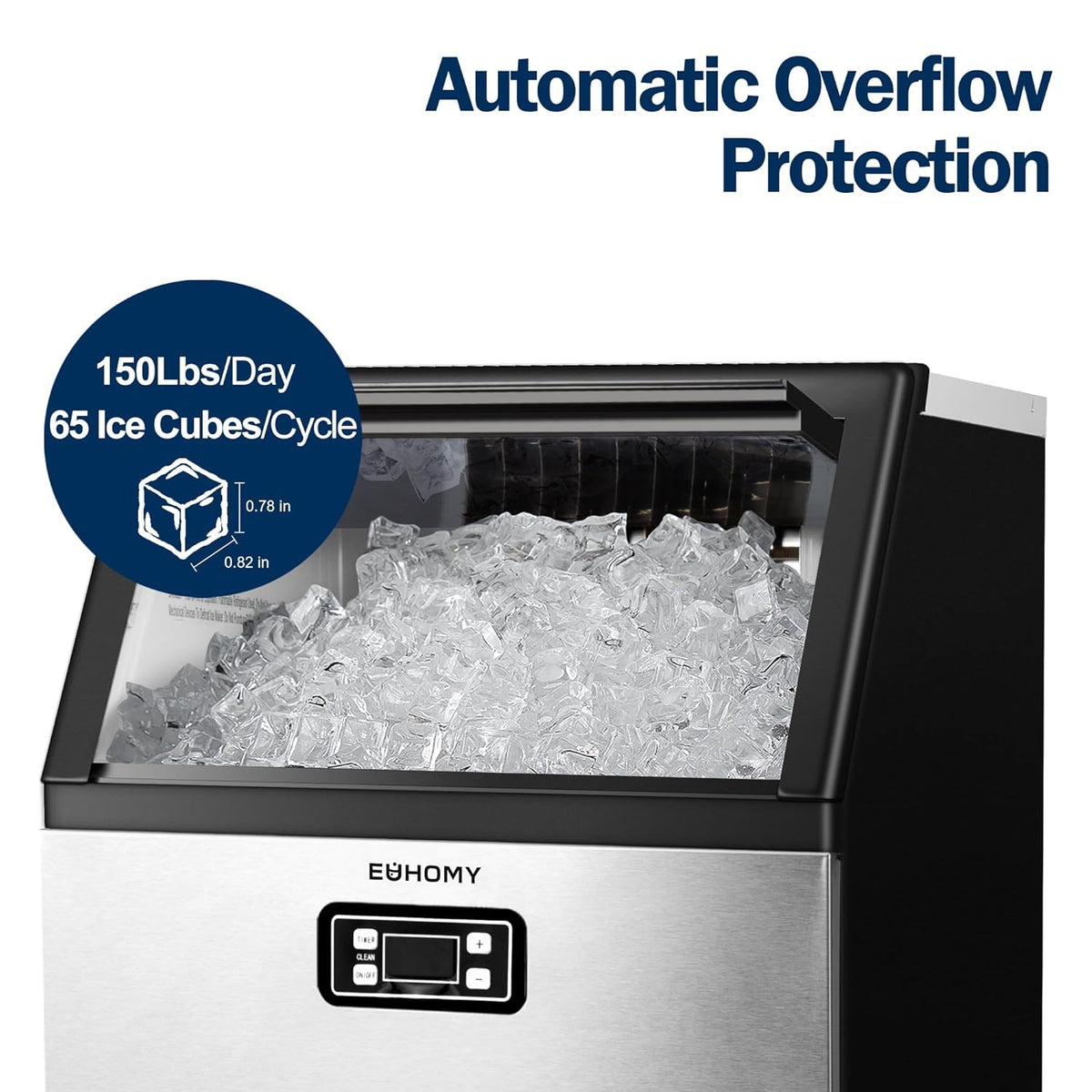 EUHOMY Commercial Ice Maker Machine, 150lbs/24H Stainless Steel Under Counter ice Machine with 33lbs Ice Storage Capacity, Freestanding Ice Maker.