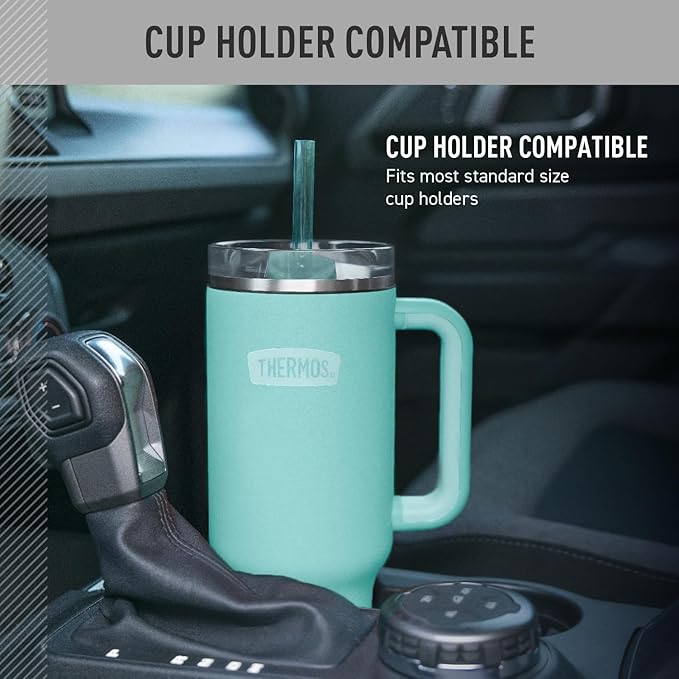 THERMOS Stainless Steel Cup Holder Mug - 40 Ounce, Sea Green - Insulated Tumbler with Lid and Straw, Plus Leak-Resistant Slide Lock