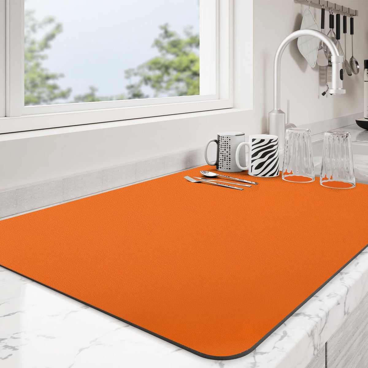 Dish Drying Mat for Kitchen Counter | Coffee Bar Mat for Countertops | Heat Resistant Drainer Mat with Non-slip Rubber Backed | Hide Stain Kitchen Absorbent Draining Mat | Orange 18"x24"