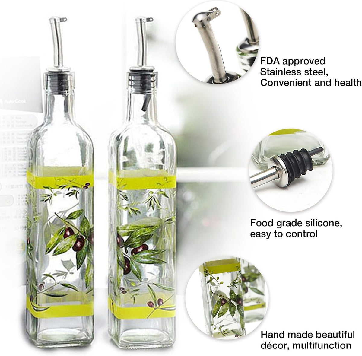 CEDAR HOME Olive Oil Bottle Set Glass Dispenser Vinegar Cruet 17oz. with Stainless Steel Leak Proof Pourer Spout for Cooking or Salad Dressing, Green, 2 Packs