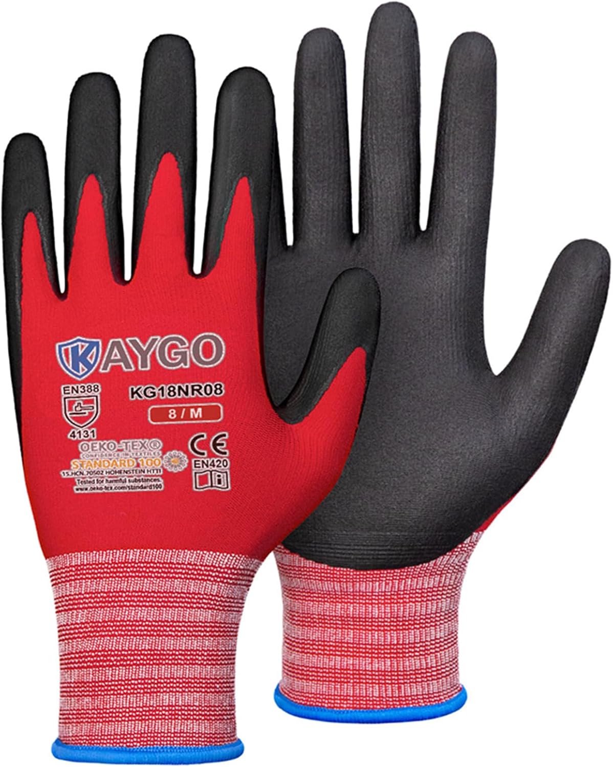 KAYGO Safety Work Gloves MicroFoam Nitrile Coated-3 Pairs, KG18NB,Seamless Knit Nylon Glove with Black Micro-Foam Nitrile Grip,Ideal for General Purpose,Automotive,Home Improvement,Red medium