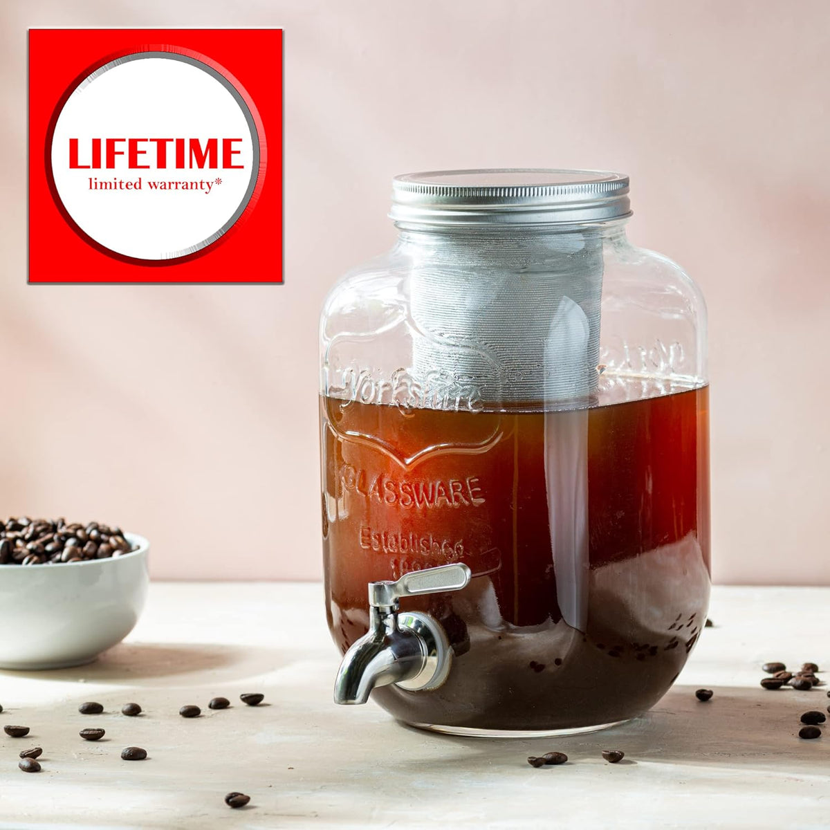 1 Gallon Cold Brew Coffee Maker - 3rd Generation Fine Mesh Filter - Stainless Steel Spigot - Extra Thick Large Glass Mason Jar Drink Dispenser Carafe, Iced Coffee Maker & Sun Tea Pitcher with Infuser.