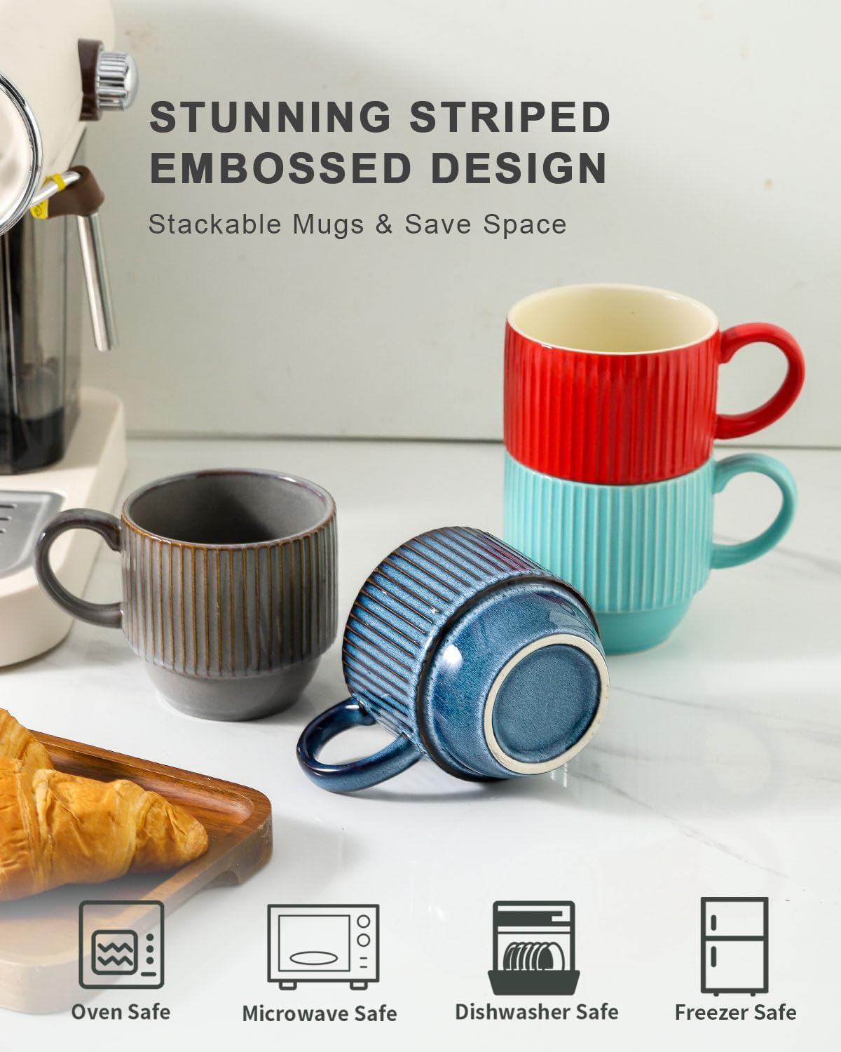 Hasense Coffee Mug Set of 4 with Holder - 12 oz Stackable Large Ceramic Ribbed Latte Cup Set for Cappuccino, Tea, Hot Cocoa, Drinks - Dishwasher & Microwave Safe Multi color