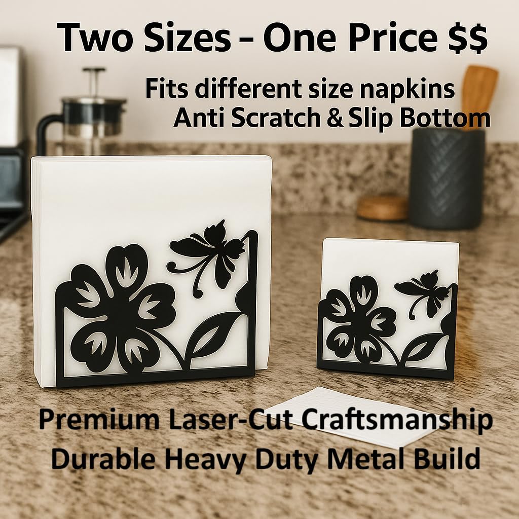 Butterfly napkin holder Set – 2 Pack Black metal napkin holder in the shape of a flower & Coffee filter holder for Kitchen, Dining & Coffee Bar – Fits Everyday, Cocktail Napkins & Filters Size 2 & 4