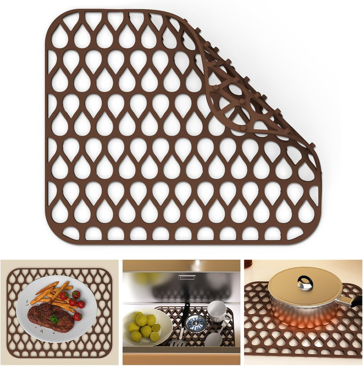 TOOVEM 13.6"x11.6" Kitchen Sink Protector - Large Silicone Mat Grid for Bottom of Farmhouse Sink - Heat Resistant - Coffee - 1 Pack