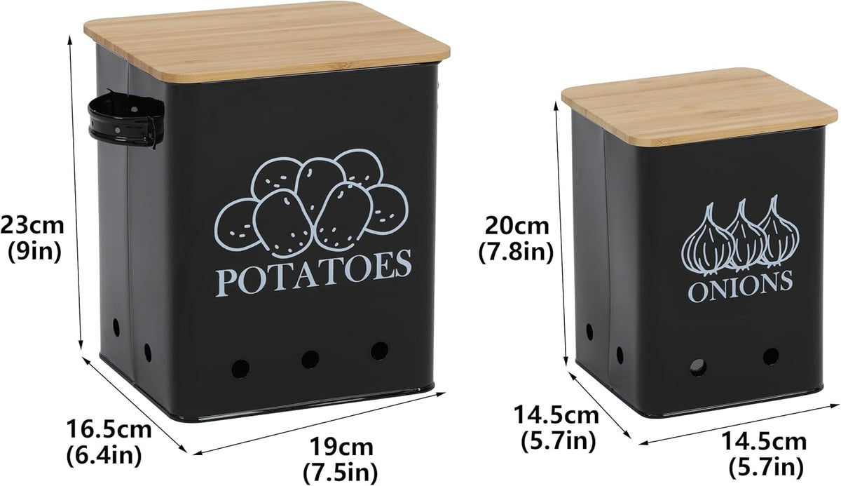 Kitchen Vegetable Storage Tins Set of 2 for Potatoes, Onion, with wooden lid Garlic Bin Caddy, Long Shelf Life-Black