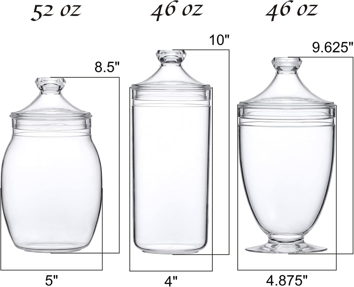 Amazing Abby - Adore - Plastic Apothecary Jars (3-Piece Set, 52/46/46 oz), Acrylic Jars with Lids, Bathroom Canisters, Candy Buffet, Wedding Display, BPA-Free and Shatter-Proof (NOT Glass)
