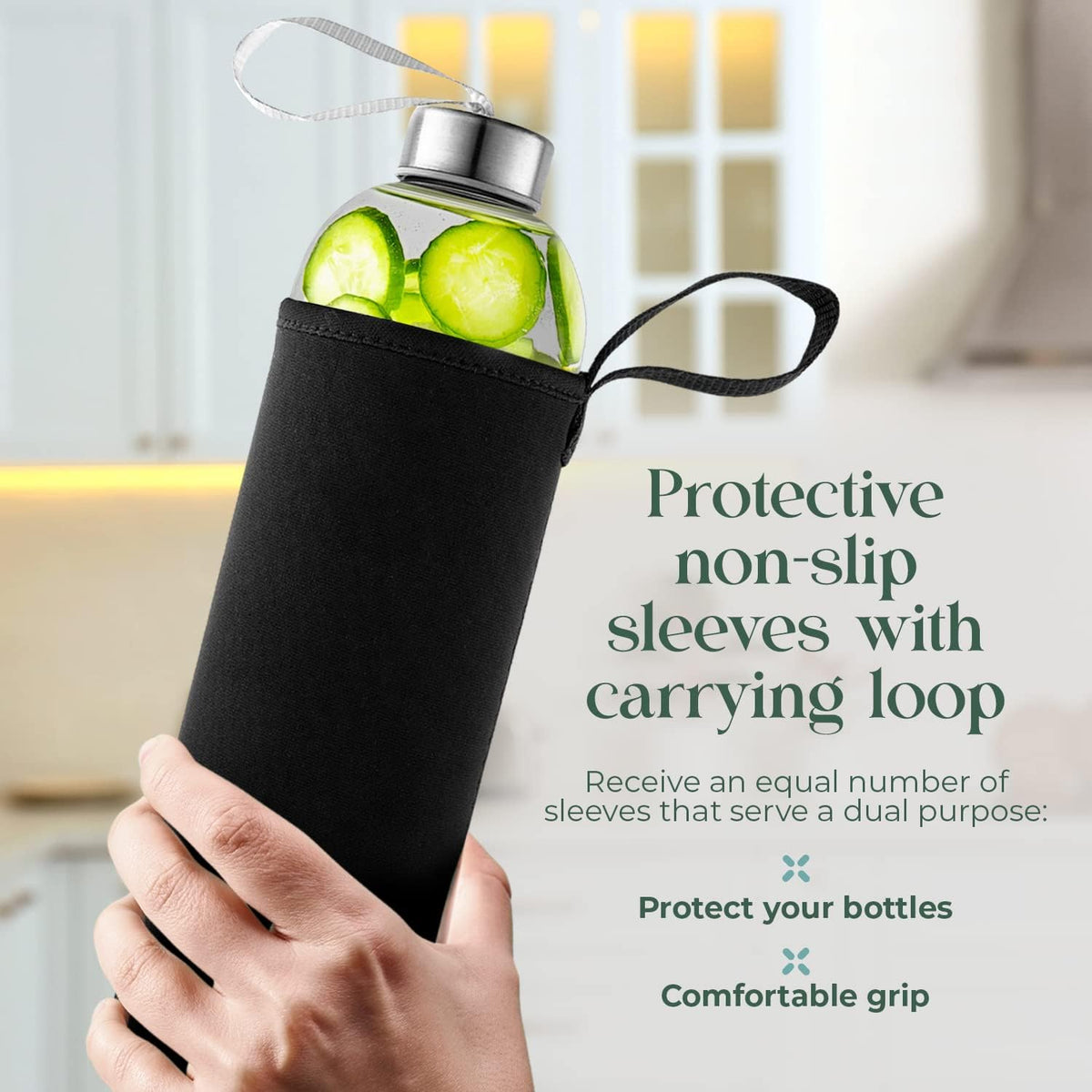 24oz Glass Water Bottles – Pack of 12 - Nylon Protective Sleeves, Airtight Screw Top Lids, Portable Carrying Loops - Lead, PVC and BPA Free - Water, Smoothie, Juicer, and Beverage Glasses