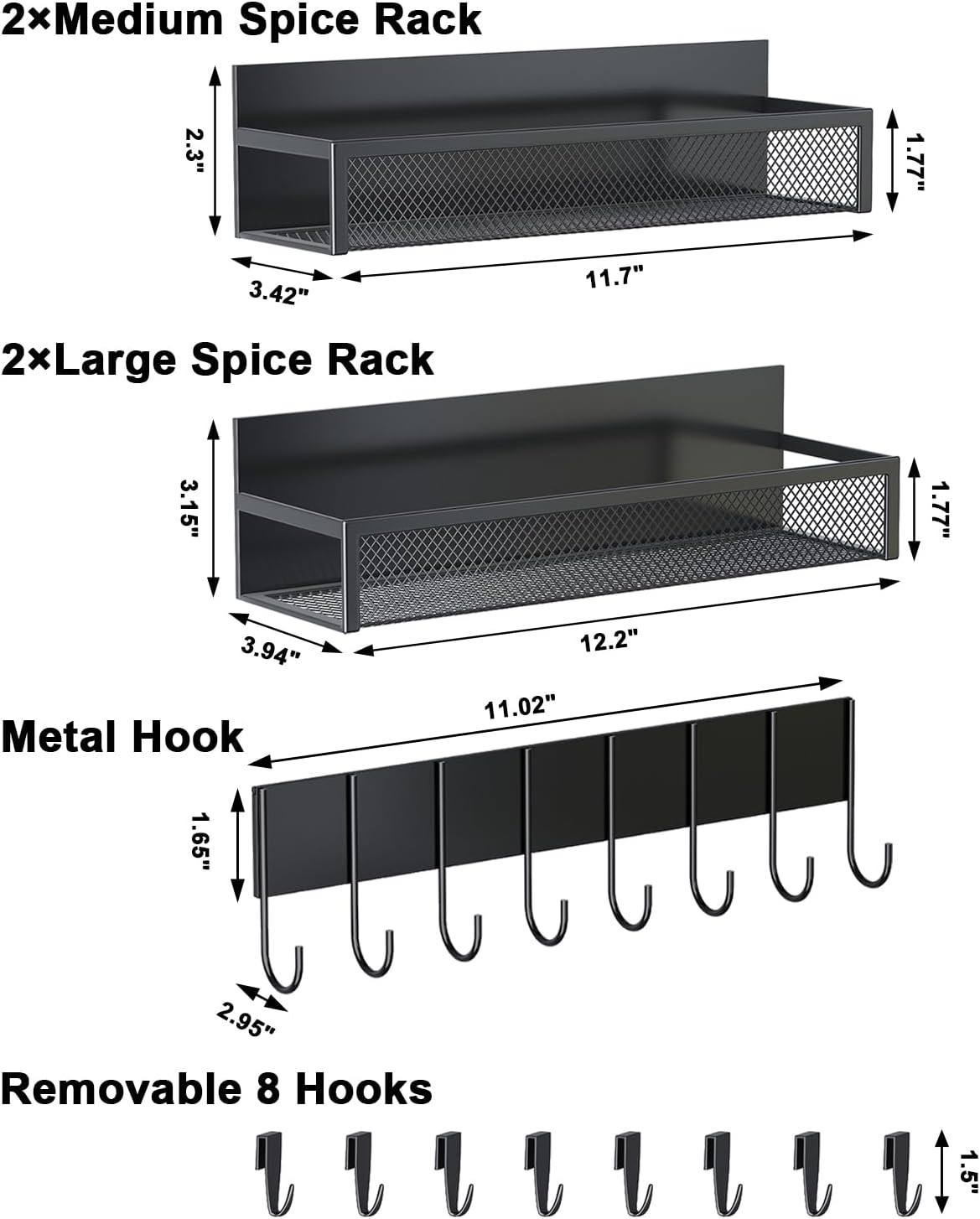 Magnetic Spice Rack for Refrigerator, 5 Pack Magnetic Shelf, Moveable Magnetic Fridge Organizer with an 8-Hook Rack, Seasoning Organizer for Kitchen Organization (Extra with 8 Hooks)