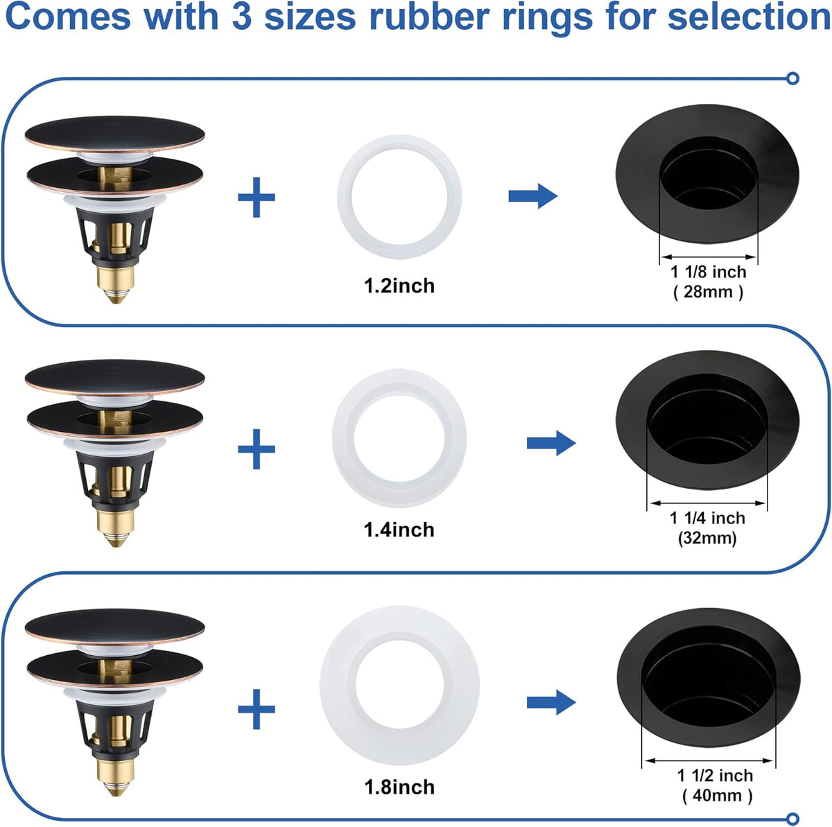 Universal 3-in-1 Bathroom Sink Stopper - Pop Up Sink Drain Stopper, Push Button Sink Drain Stopper Replacement, Wash Basin Drain Filter Plug with Anti-Clogging Strainer, Oil Rubbed Bronze