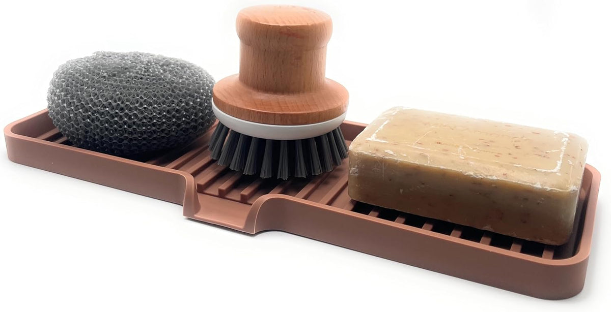 Happitasa Silicone Soap Dish Tray and Sponge Holder with Drain Chute | Bathroom and Kitchen Sink Organizer Caddy (Mocha, 12"x4", 7.4 Ounces)