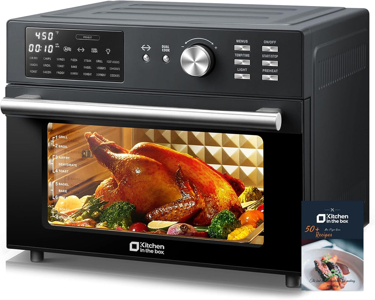 Kitchen in the box 32QT Extra Large Air Fryer Toaster Oven Combo, 21-in-1 Countertop Convection Toaster Oven with Rotisserie and Dehydrate, 6 Accessories, 1800W Dual Cook Preset (Black)